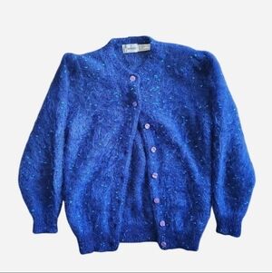 Vintage 60s Carducci Cobalt Blue Mohair Fuzzy Confetti Cardigan Size Medium